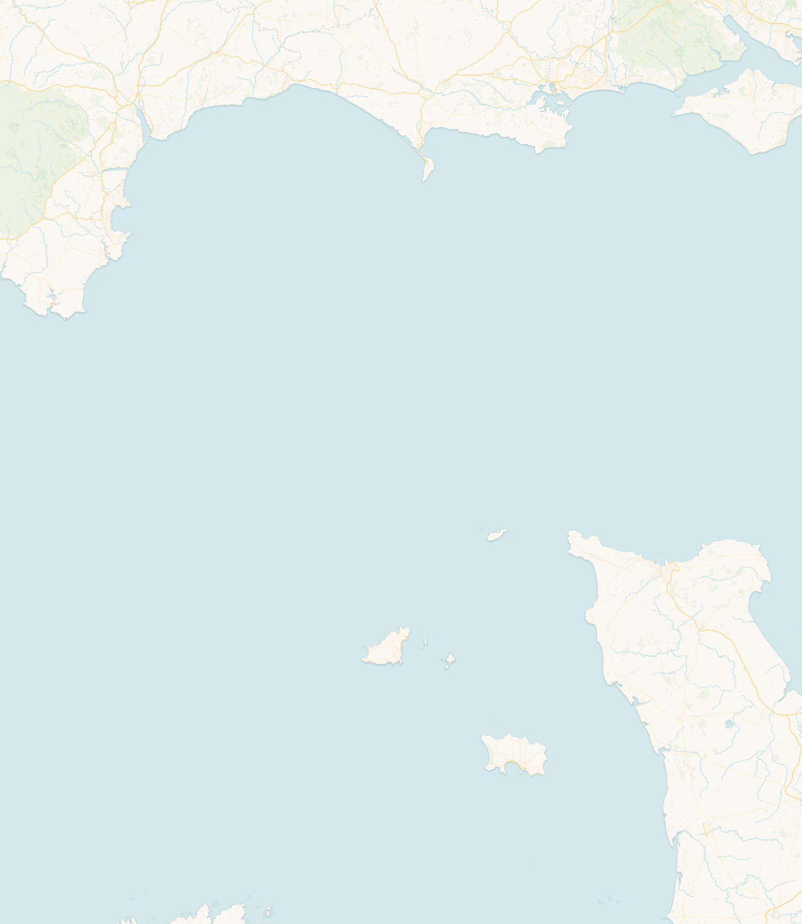 Map of the Channel Islands between the south coast of England and the coast of France, with Guernsey highlighted